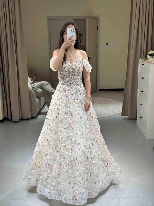 Robe de soirée à épaules dénudées avec fleurs 3D gh2782