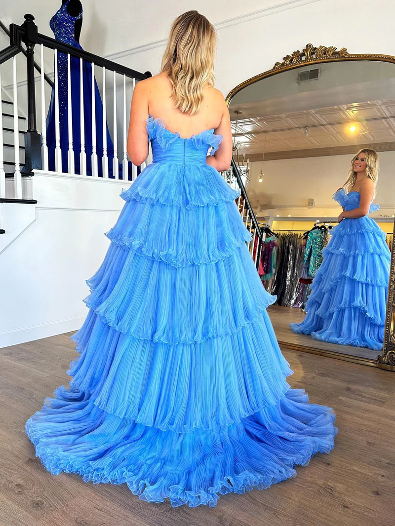 Strapless A-Line Tiered Crinkled Tulle Prom Dress gh2674
