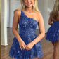 One Shoulder A Line  Navy Tiered Lace Short Homecoming Dress gh2665