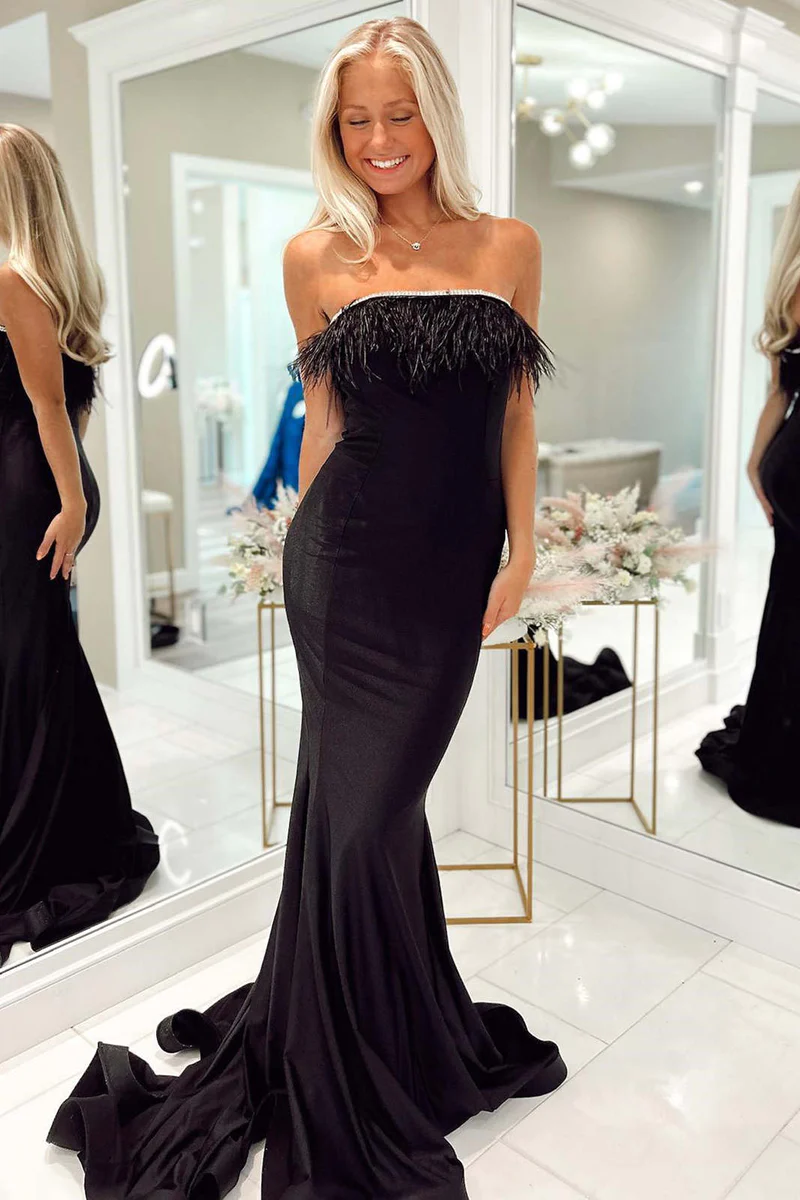 Strapless Black Feathers Mermaid Long Party Dress gh2704