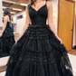 A-Line Deep V Neck Tiered Long Glitter Tulle Prom Dress gh2679