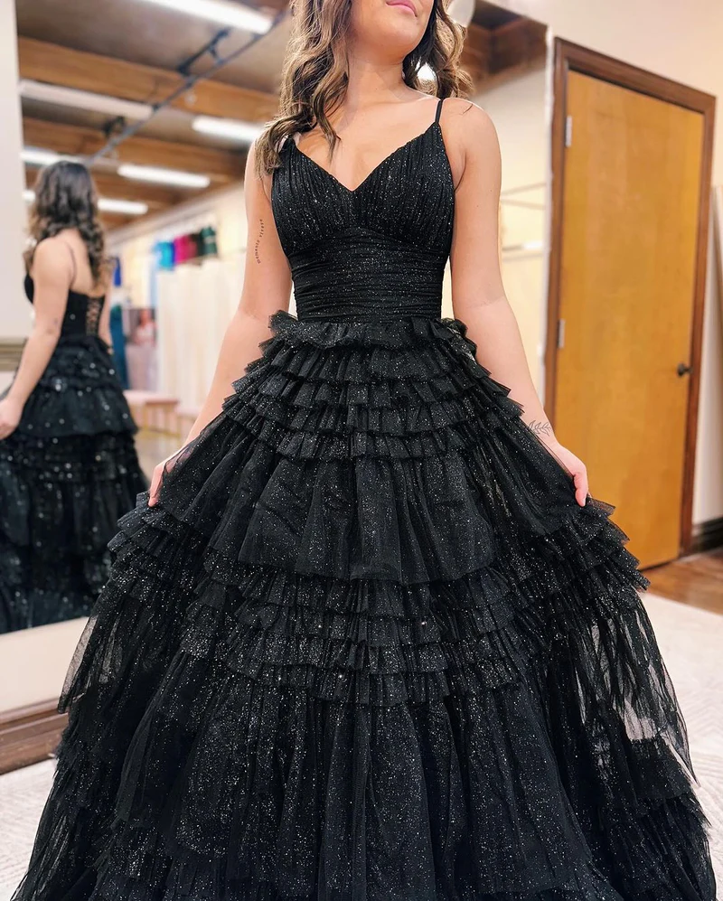 A-Line Deep V Neck Tiered Long Glitter Tulle Prom Dress gh2679