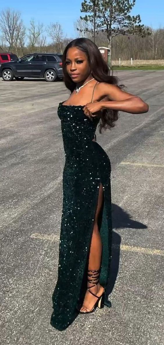 Mermaid Sequins Dark Green Long Prom Dresses 22th Birthday Outfits gh2986