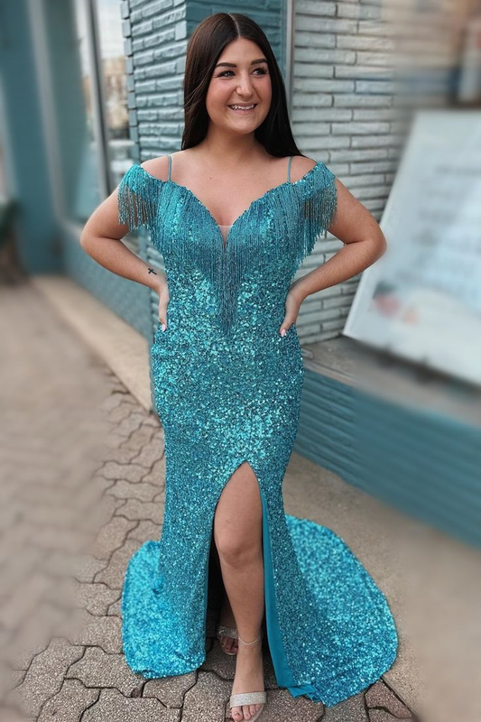 Sequins Tassels Cold Shouolder Long Prom Dress with Slit gh2967