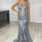 Blue gorgeous shiny spaghetti strap bodycon long tulle ball gown mermaid evening dress gh2718