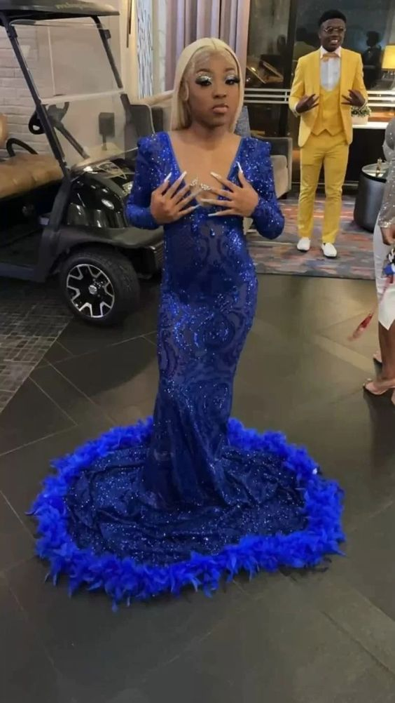 Sequined Mermaid Prom Dresses Royal Blue Sexy Party Gown with Feather gh2983