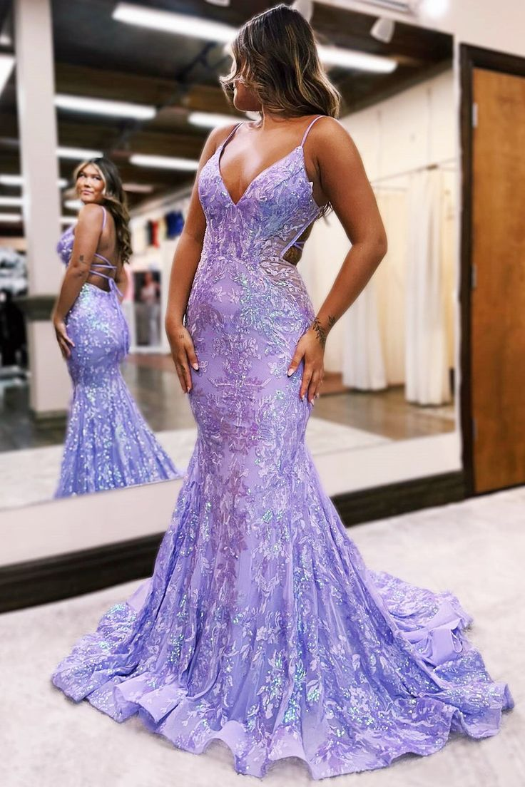 Robe de bal longue à sequins et col en V en dentelle lilas gh2966