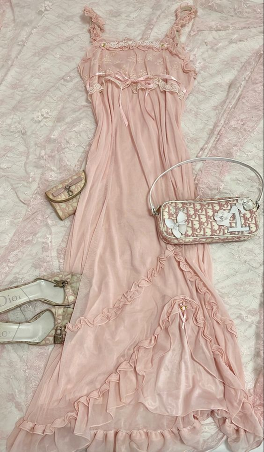Pink Lace Ruffles A Line  Dress gh2937