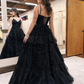 A-Line Deep V Neck Tiered Long Glitter Tulle Prom Dress gh2679