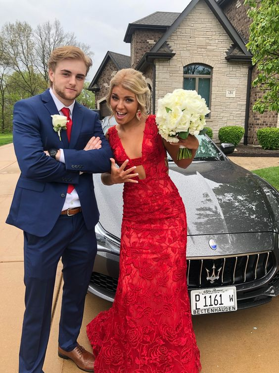 Red V Neck Lace Long Prom Dress gh2879