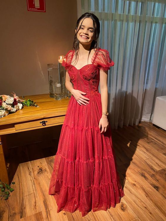Rotes A-Linien-Abschlussballkleid aus Tüll, Abendkleid, Partykleid gh2827