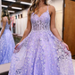 A Line Spaghetti Straps Lilac Corset Prom Dress with Appliques gh2675