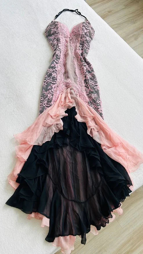 Robe de soirée longue en dentelle rose élégante, dos nu, col licou, coupe trapèze, robe de bal, gh2929