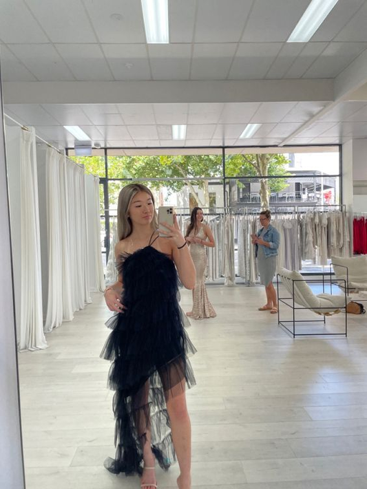 Neuankömmling, gestuftes schwarzes Tüll-Ballkleid, langes Abendkleid gh2883