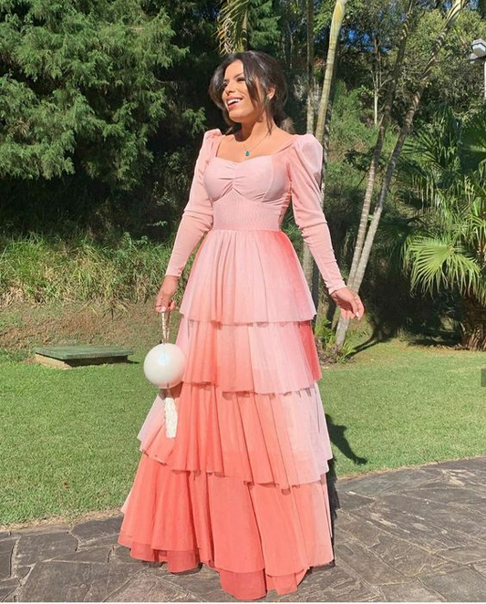 Rosa Ballkleid mit langen Ärmeln in A-Linie gh2824