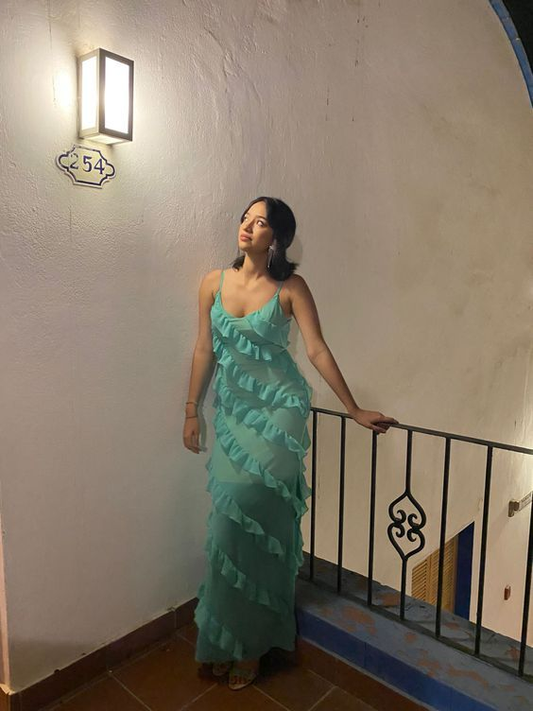 Grünes schlichtes, elegantes Spaghettiträger-Partykleid mit Rüschen, langes Ballkleid, Abendkleid gh2890