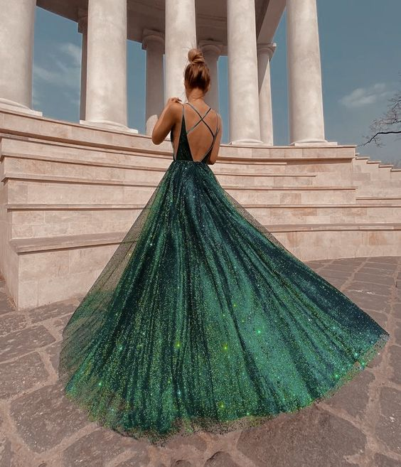 Spaghetti Straps Green Shiny Prom Dress A Line Evening Gown gh2760