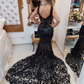 Black Long Mermaid V-neck Straps Lace Mermaid Prom Dress gh2985