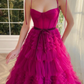 A Line Strapless Fuchsia Tiered Long Tulle Prom Dress gh2678