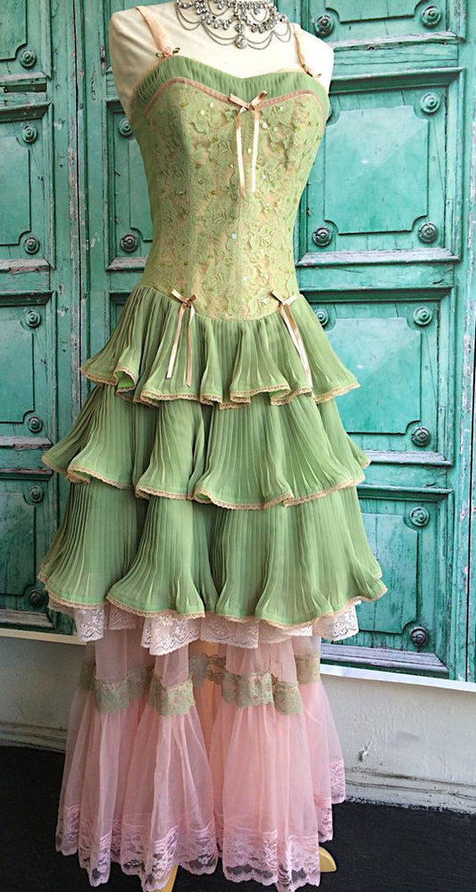 Spaghetti Straps Green Pink Layered Prom Dress gh2931
