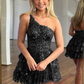One Shoulder A Line  Navy Tiered Lace Short Homecoming Dress gh2665