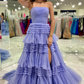 A-Line Strapless Tulle Long Prom Dress with Tiered Ruffles gh2676