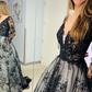 Black Appliques Illusion Long Sleeves Deep V Neck Long Wedding Dress gh2759