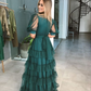 Green Tulle Short Sleeves A Line Prom Dress gh2823