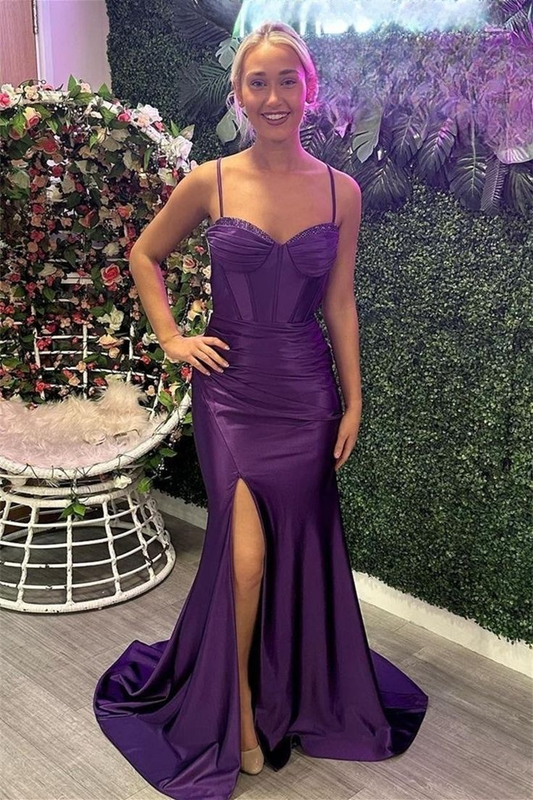Grape Mermaid Straps Beaded Satin Long Prom Dress with Slit gh2923