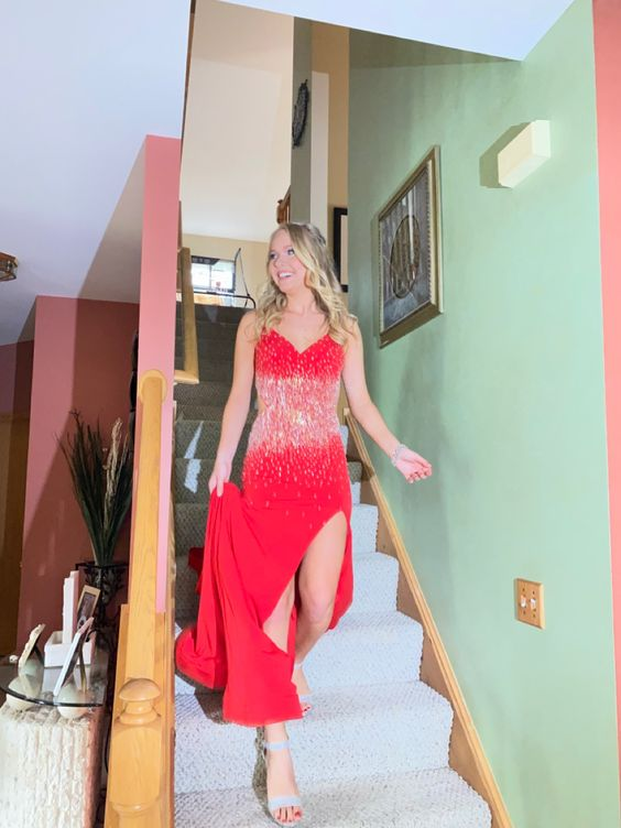 Beaded Spaghetti Straps Long Prom Dress with Split gh2877
