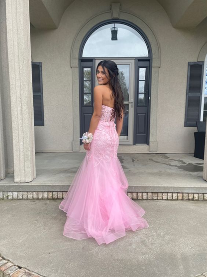 Pink Strapless Tulle Appliques Mermaid Long Prom Dress gh3002