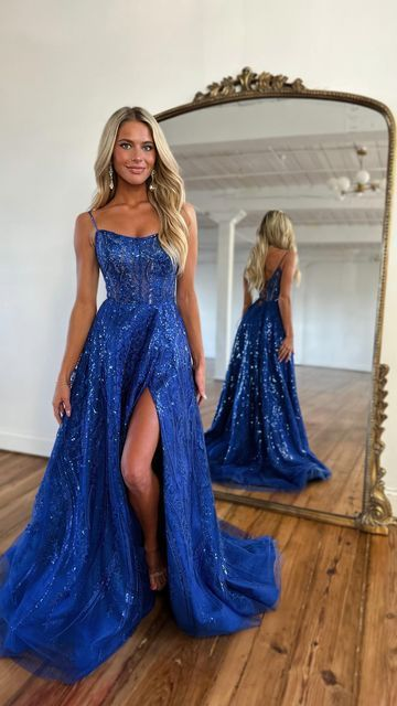 Royal Blue Sparkle Tulle Sequined Slit Long Prom Dress with Beads gh3001