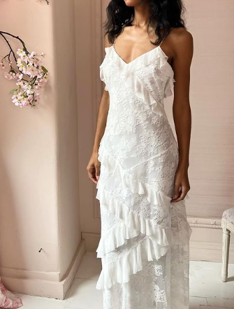 White lace long prom dress layer evening dress gh3005