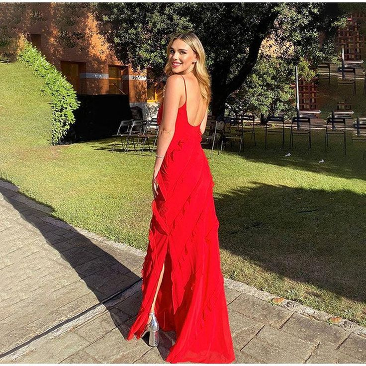 Red Maxi Prom Dress With Frill Detail Backless Party Dress gh2922