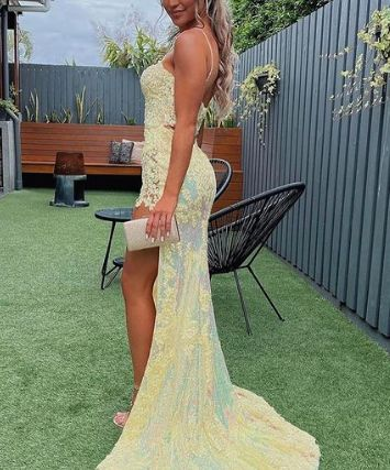 Meerjungfrau V-Ausschnitt Pailletten Sweep Schleppe Ballkleider mit Schlitz gh2872