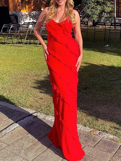 Red Maxi Prom Dress With Frill Detail Backless Party Dress gh2922