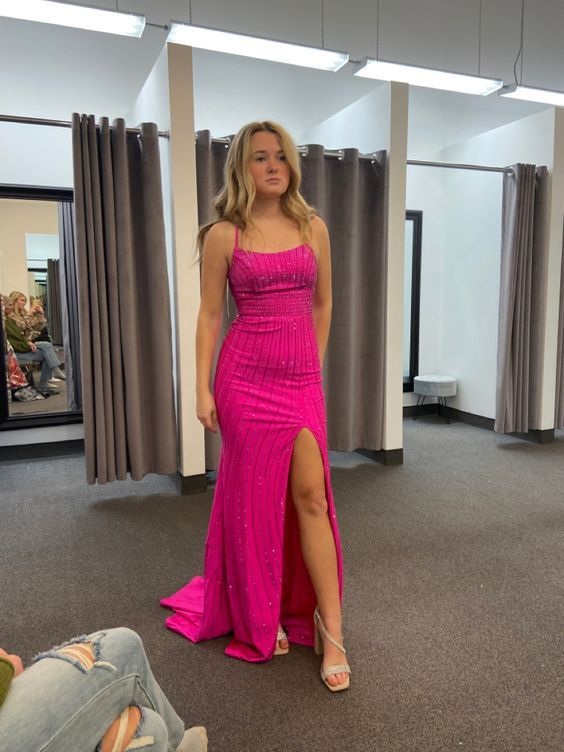 Fuchsia Straps Mermaid Long Party Dress with Slit gh3003