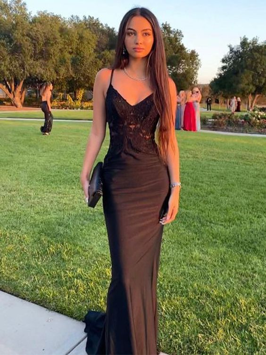 Bodycon stretch woven satin applique v neck sleeveless long black ball gown evening dress gh3000