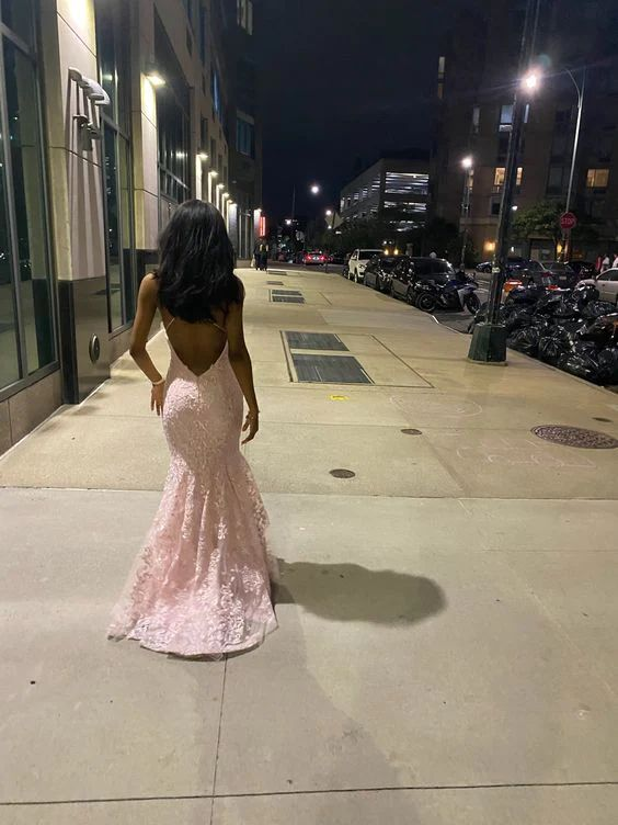 Sexy Mermaid Spaghetti Straps Sleeveless Lace Pink Prom Dress gh2992