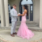 Pink Strapless Tulle Appliques Mermaid Long Prom Dress gh3002