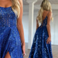 Royal Blue Sparkle Tulle Sequined Slit Long Prom Dress with Beads gh3001