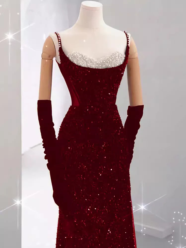 Girlhomeshops-Burgundy Shiny Elegant Long Sequined Ball Gown Evening Dress Party Dress gh5027