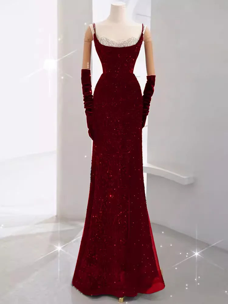 Girlhomeshops-Burgundy Shiny Elegant Long Sequined Ball Gown Evening Dress Party Dress gh5027