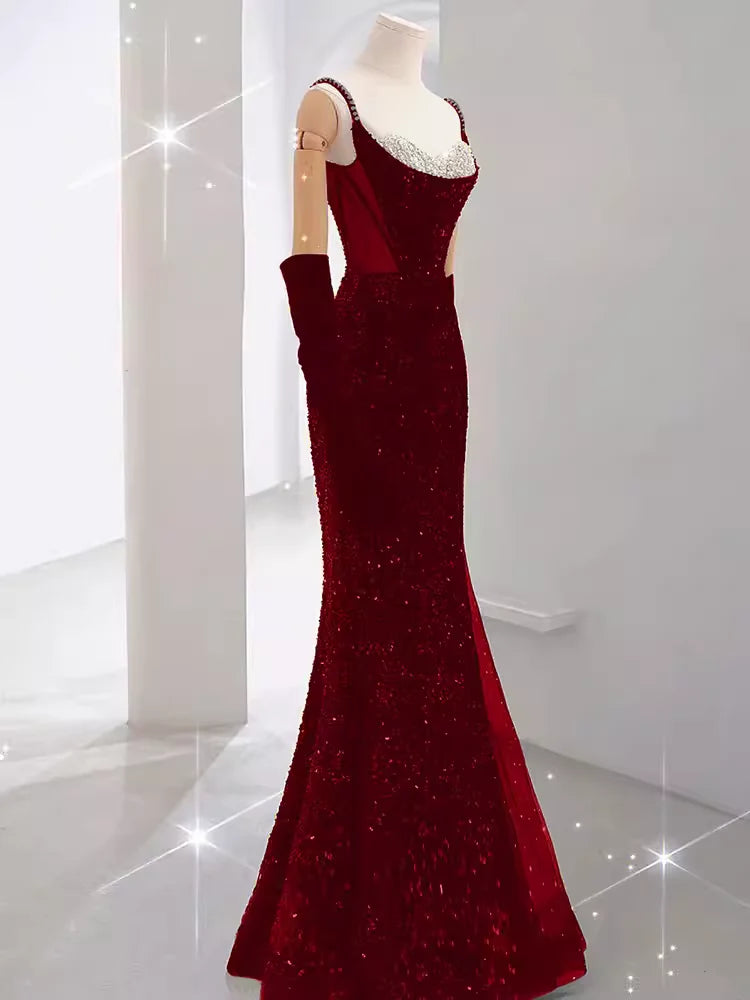 Girlhomeshops-Burgundy Shiny Elegant Long Sequined Ball Gown Evening Dress Party Dress gh5027