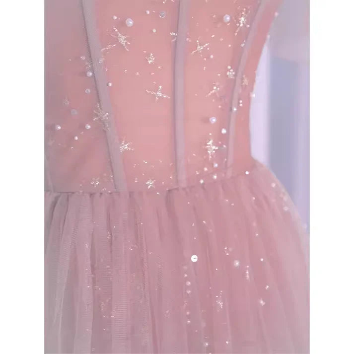 Pink Shiny Sweet A-Line Long Elegant Halter Neck Ball Gown Evening Dress gh3294