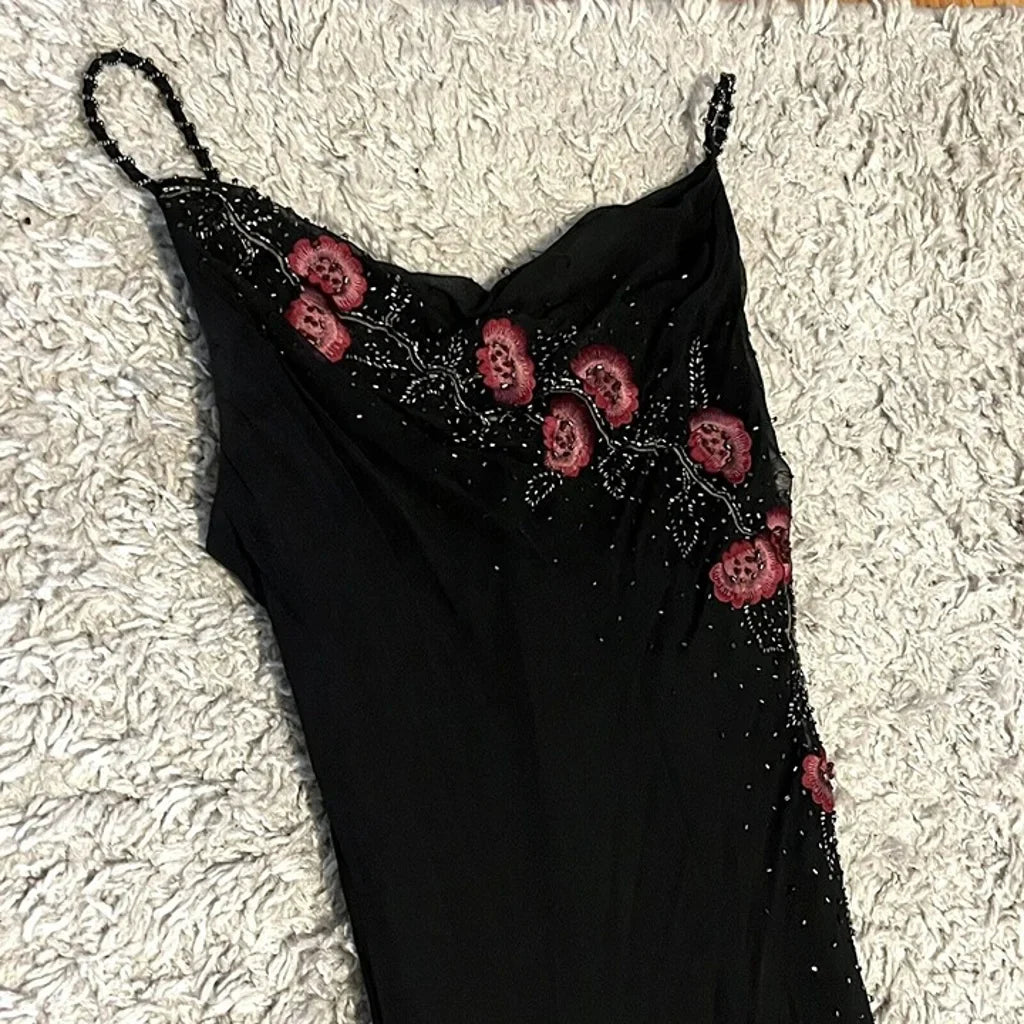 Schwarzes, zartes, florales, mit Perlen verziertes, langes Tüll-Ballkleid, Abendkleid, formelles Geburtstagspartykleid, Tanzkleid gh3151