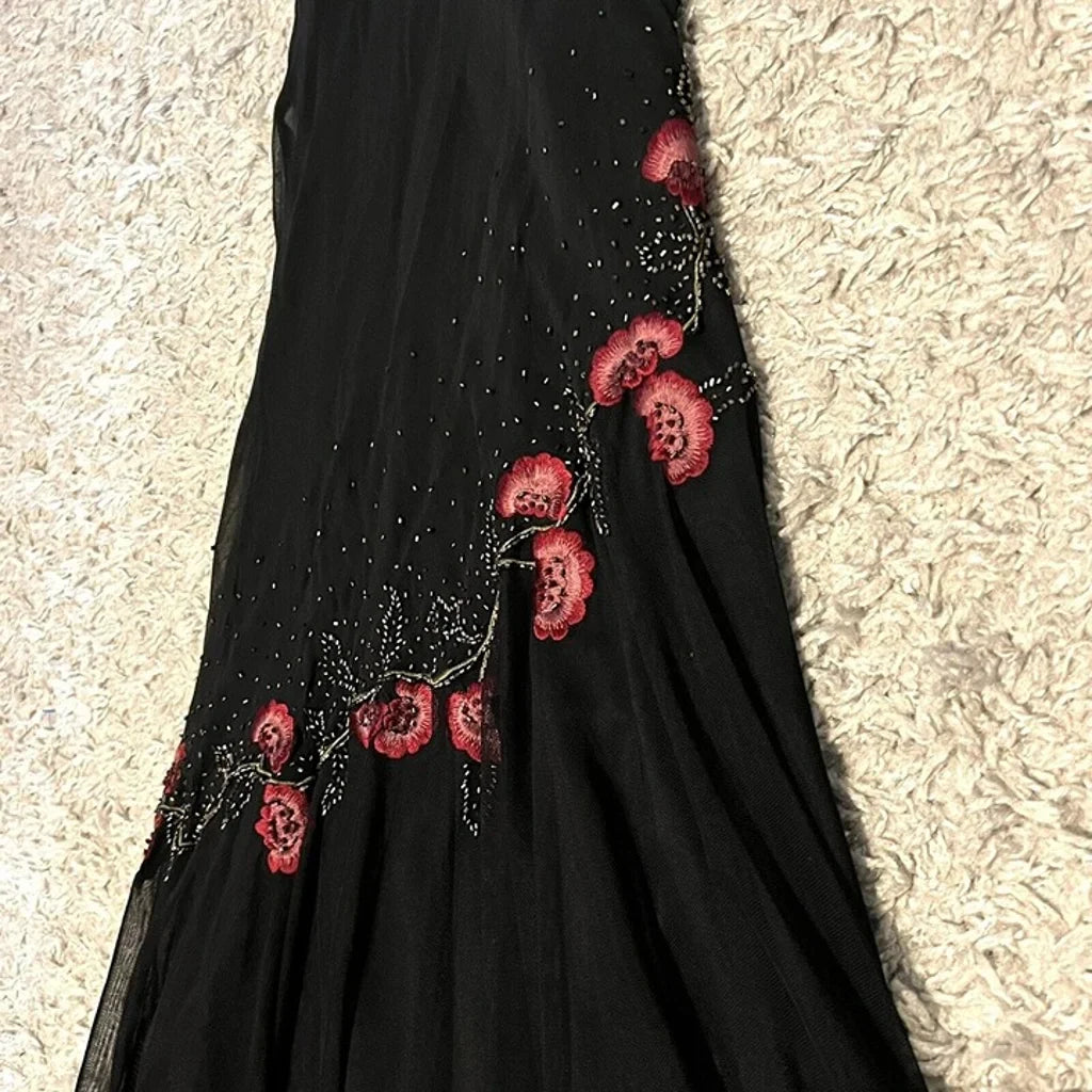 Schwarzes, zartes, florales, mit Perlen verziertes, langes Tüll-Ballkleid, Abendkleid, formelles Geburtstagspartykleid, Tanzkleid gh3151