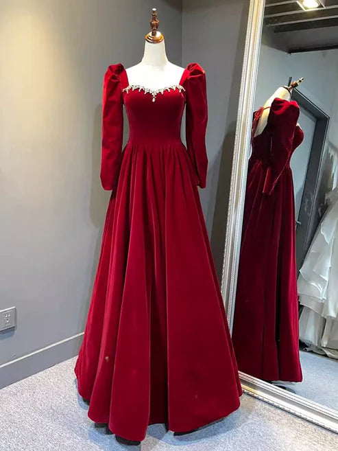 girlhomeshops-Vintage elegantes Langarm-A-Linien-Ballkleid aus rotem Samt, Ballkleid gh5750