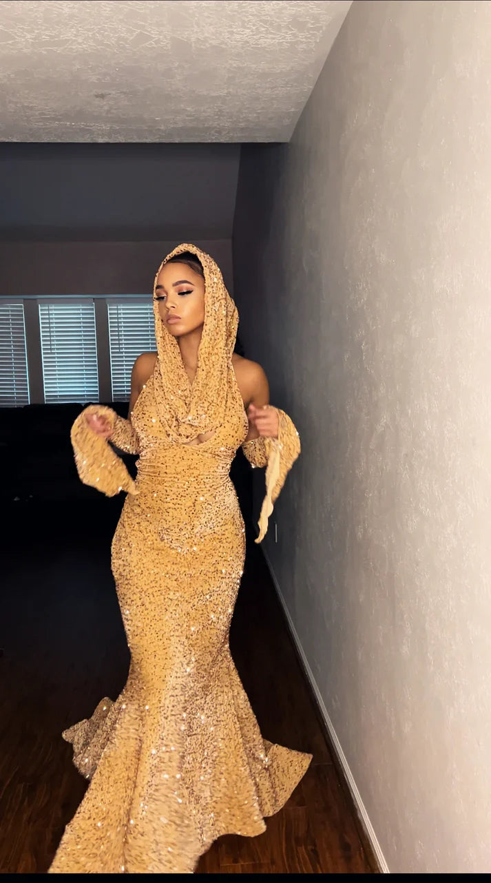 Robe de soirée longue moulante rouge brillante et sexy à paillettes avec col en V gh3414