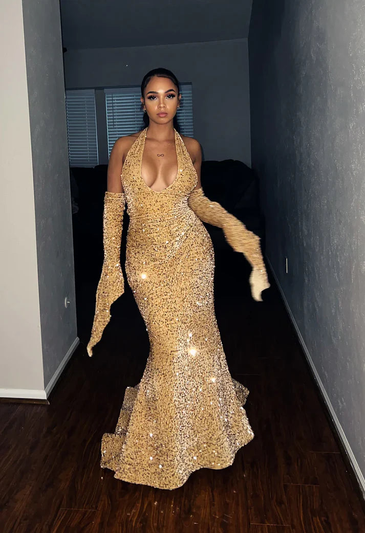 Robe de soirée longue moulante rouge brillante et sexy à paillettes avec col en V gh3414